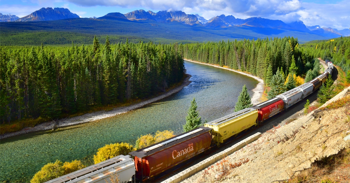 A line of colorful railcars on a rail alongside a river with green trees on either side and mountains in the distance.