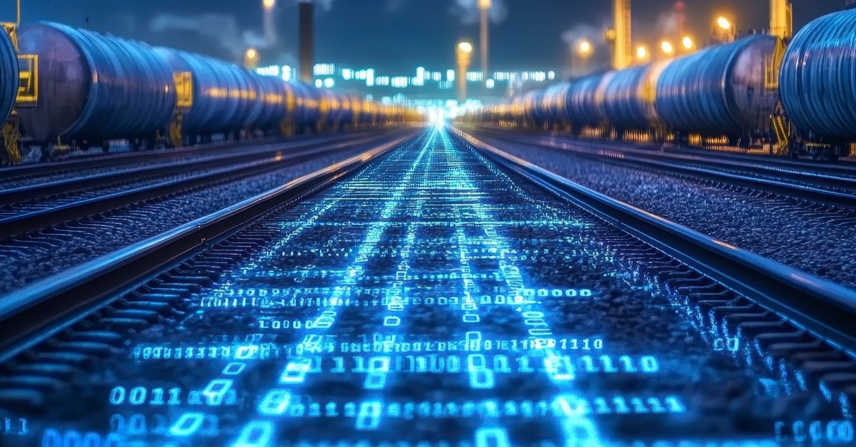 A series of blue rail freight data numbers between rail tracks and a line of rail tank cars