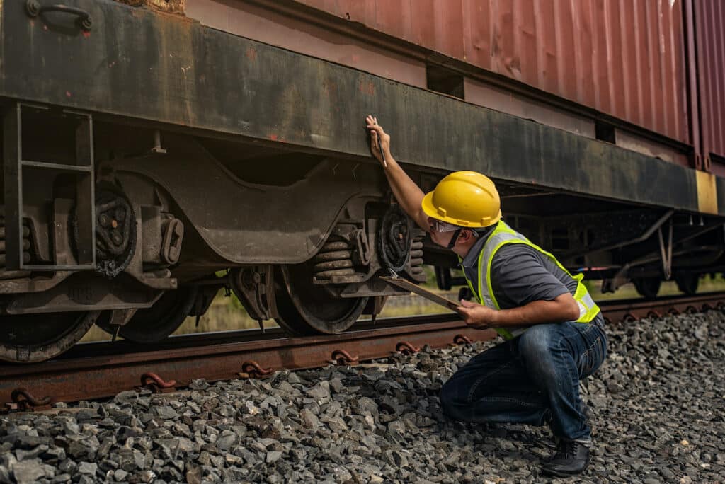 worker checking on a train 