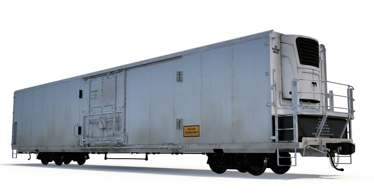 A white refrigerated railcar featuring the refrigeration device at the rear of the car.