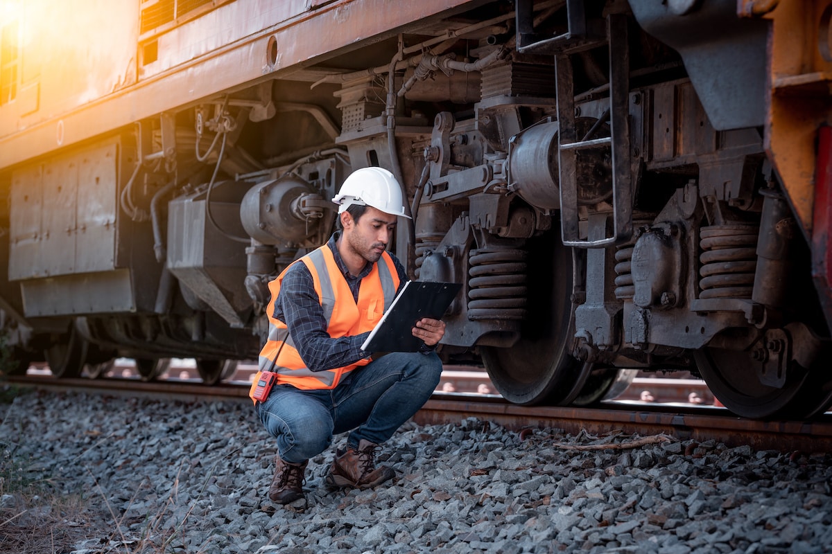 A rail expert wearing a white hard hat and orange safety vest kneeling next to train wheels and looking at a clipboard.