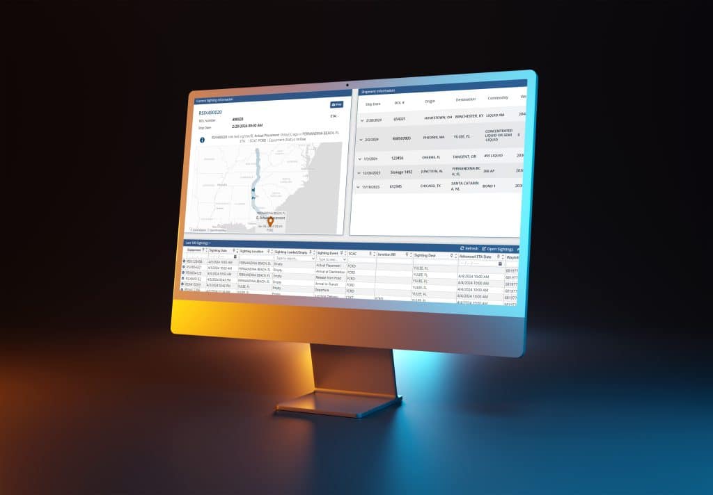 Rail Command, a Rail TMS, displays three data visualizations on a monitor with orange and blue lighting behind.