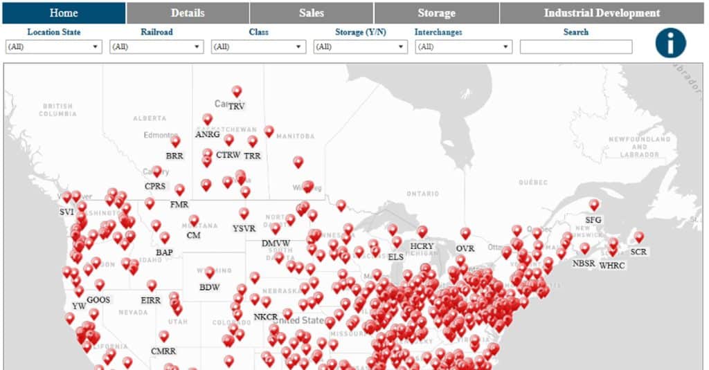 Short line railroad data represented through a map of North America with red pins.