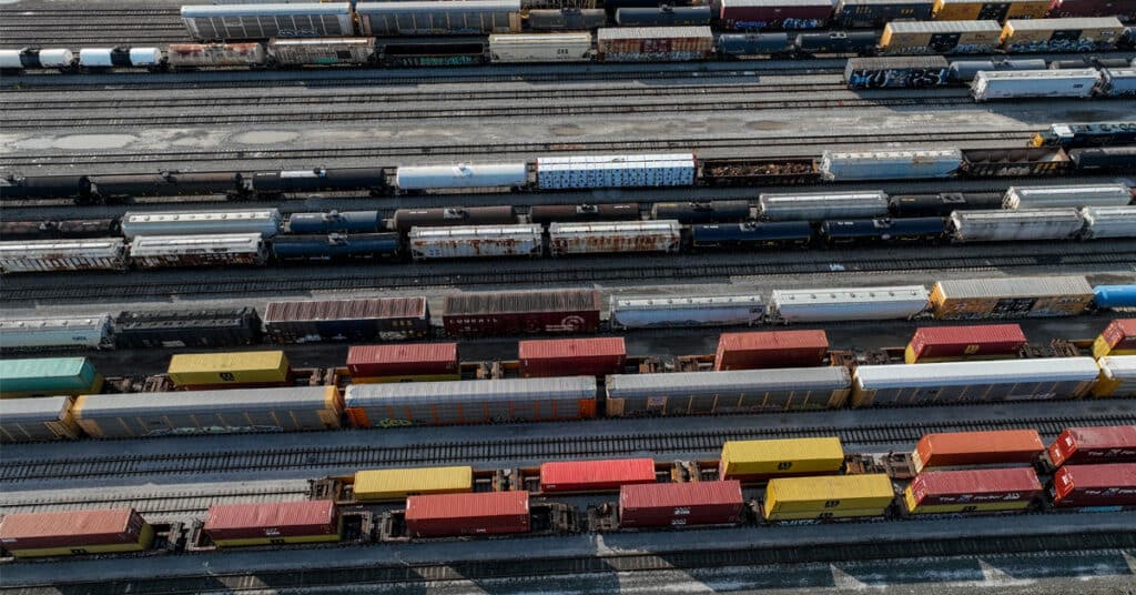Aerial view of train cars lined up at a rail yard.