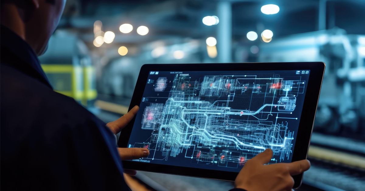 A close - up shot of an engineer using a tablet to check and analyze the data systems of a track on the railway network.