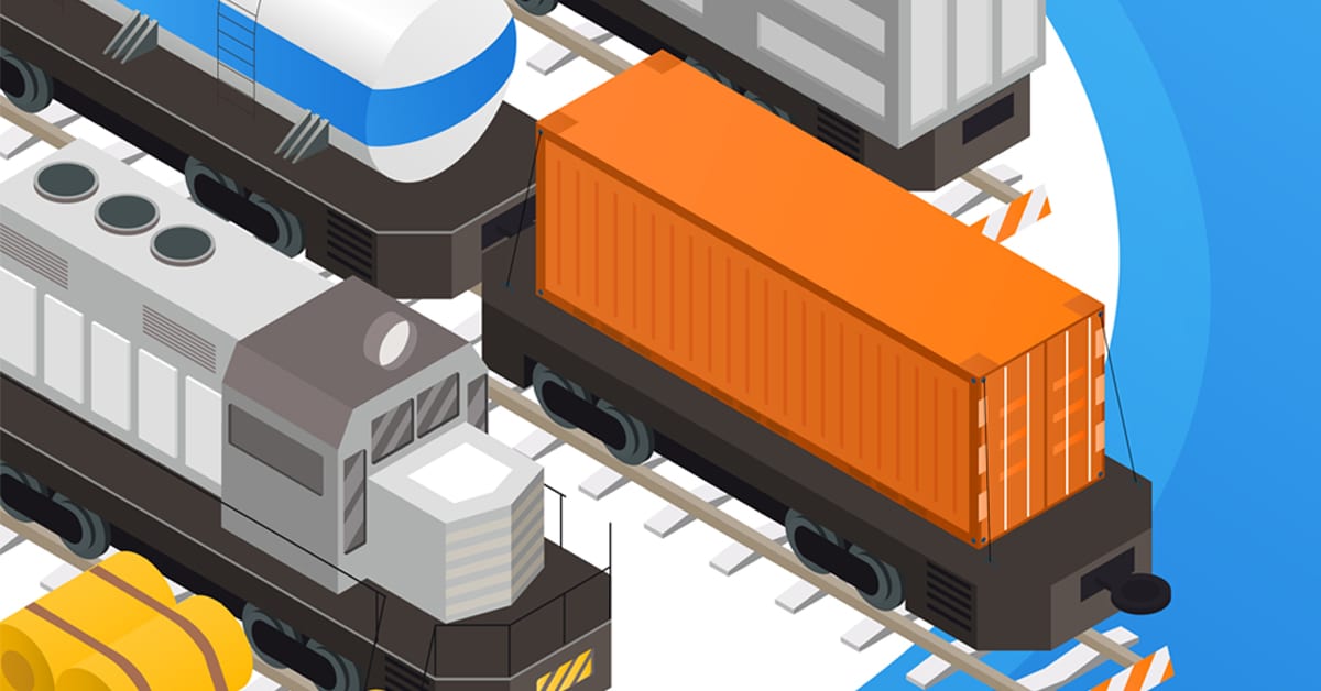 Graphic design of a freight train and rail freight boxcar.