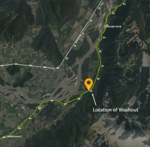 Map of the CN's railroad outages in the British Columbia area.