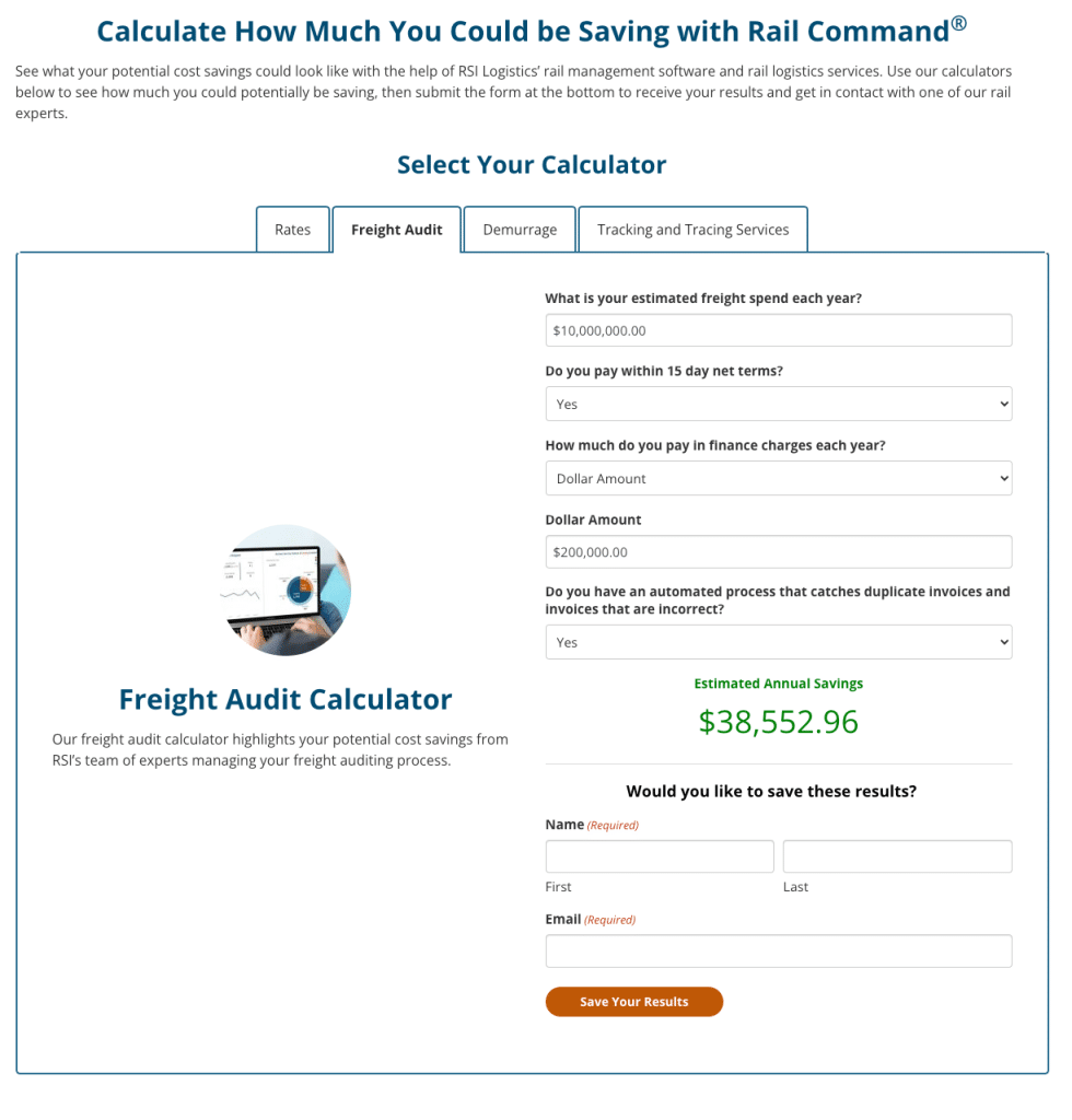 A screenshot of RSI Logistics' rail cost calculator showing how much you can save on rail shipping.