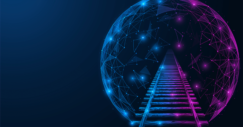 A purple and blue rail line goes into a sphere of data analytics.